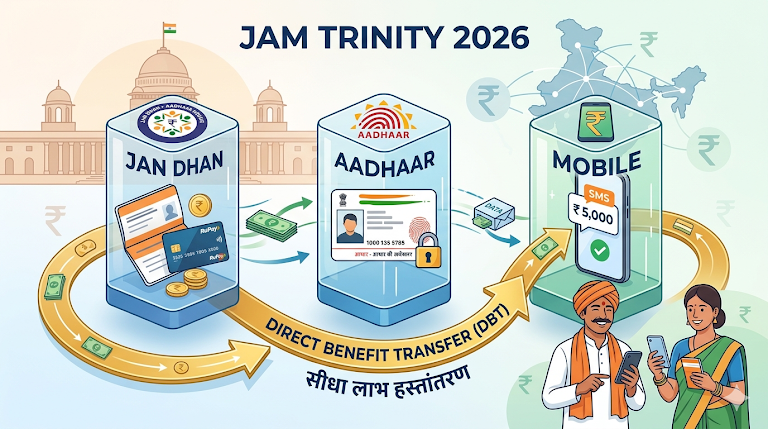 JAM Trinity 2026: Jan Dhan Aadhaar Mobile Se DBT Process Kaise Kaam Karta Hai