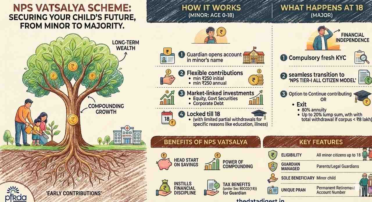 NPS Vatsalya Scheme details infographic in crayons style explaining age limits, flexible contributions of ₹250, market-linked investments, and benefits like compounding growth for minor children by thedatadigest.in.