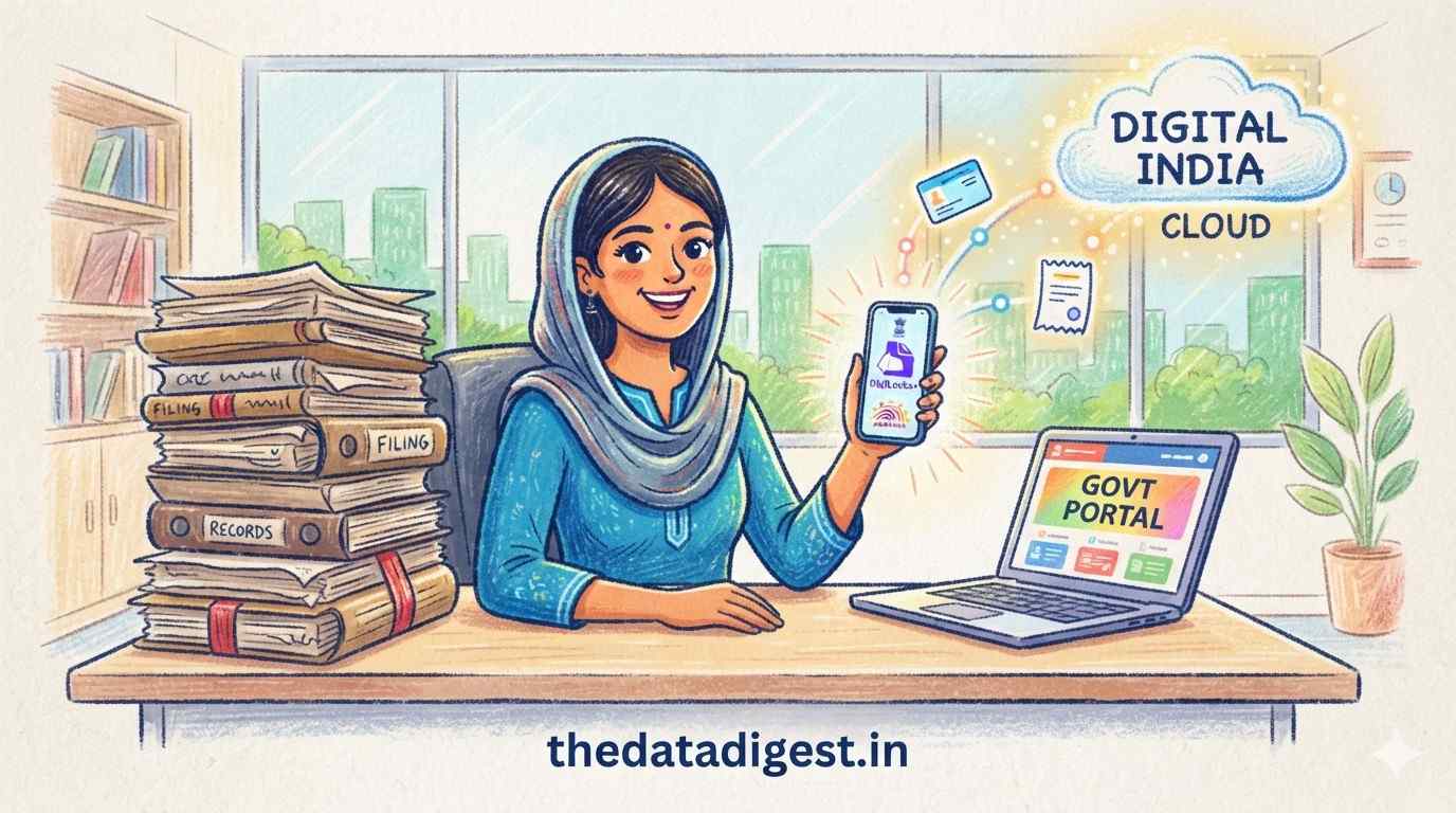 Paperless Revolution in India artwork showcasing DigiLocker, Aadhaar and Cloud computing for thedatadigest.in