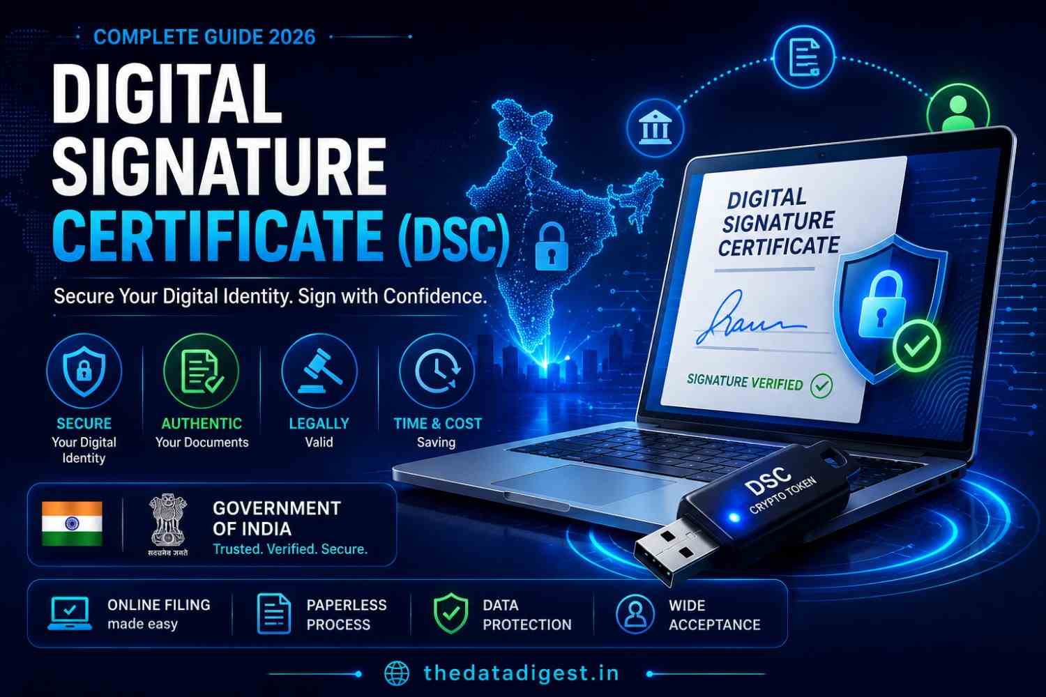 Digital Signature Certificate DSC Guide 2026 with secure digital identity and crypto token